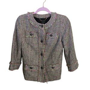 Talbots Pink Green Black Tweed Raw Hems 3/4 Sleeve Lady Jacket Size 2p